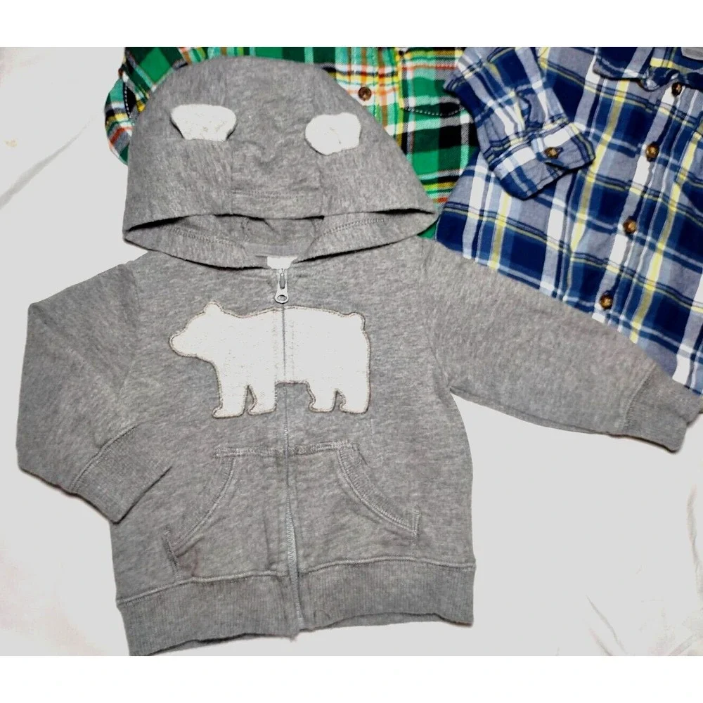 Carter's Baby Boy 6 Mos Hooded Jacket Button Down Plaid‎ Top Lot 4pc Bear Fox
